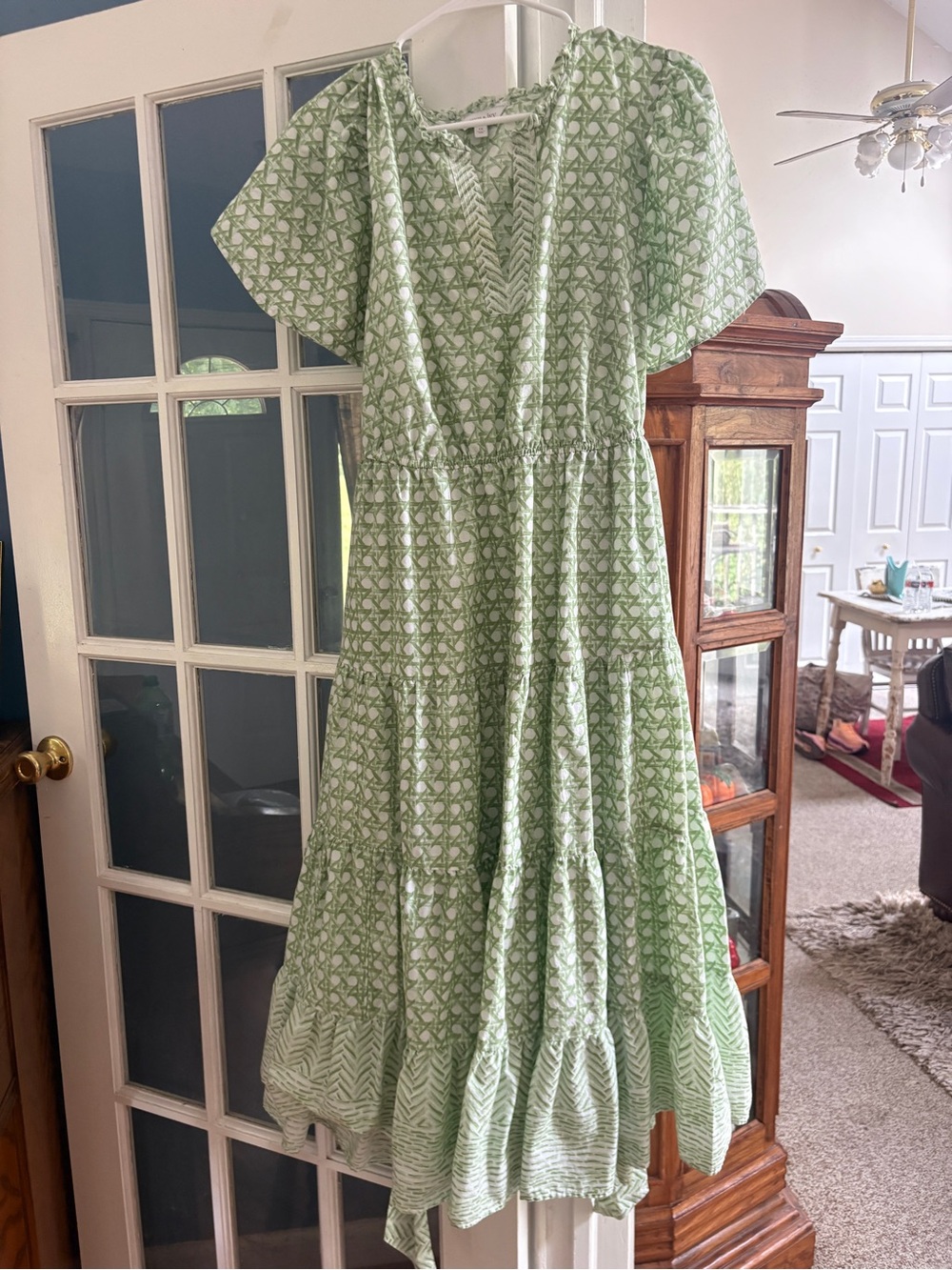 Crown and Ivy Green Printed V-Neck Tiered Midi Dress
